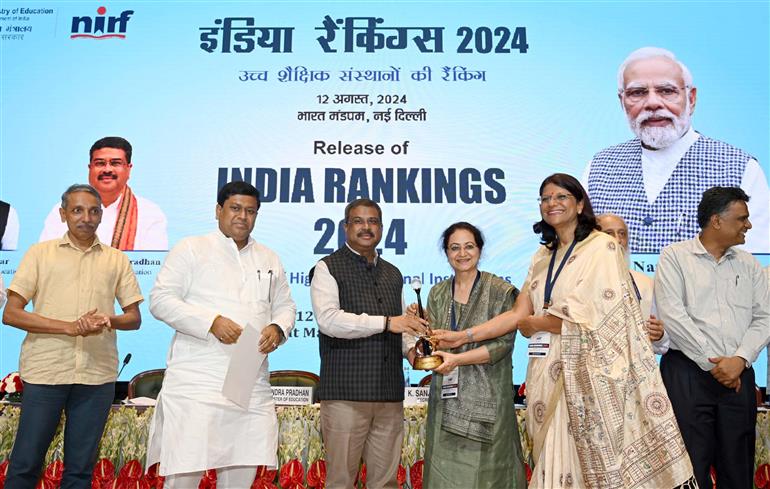 केंद्रीय शिक्षा मंत्री श्री धर्मेंद्र प्रधान 12 अगस्त, 2024 को नई दिल्ली में एनआईआरएफ इंडिया रैंकिंग 2024 जारी करते हुए।