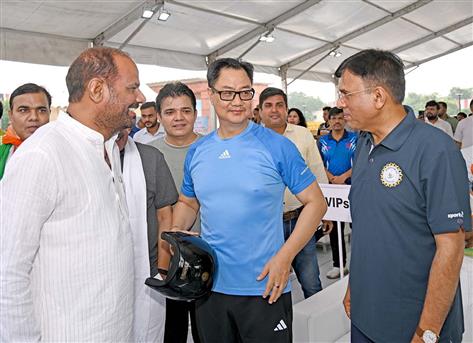 The Union Minister for Youth Affairs and Sports & Labour and Employment, Shri Mansukh Mandaviya and the Union Minister of Parliamentary Affairs and Minority Affairs, Shri Kiren Rijiju at the occasion of ‘Har Ghar Tiranga Bike Rally’ from Bharat Mandapam, in New Delhi on August 13, 2024.