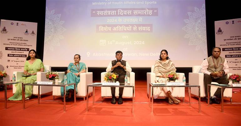 The Union Minister for Youth Affairs and Sports & Labour and Employment, Shri Mansukh Mandaviya and the Minister of State for Youth Affairs and Sports, Smt. Raksha Nikhil Khadse attend Independence Day Ceremony 2024, in New Delhi on August 14, 2024.