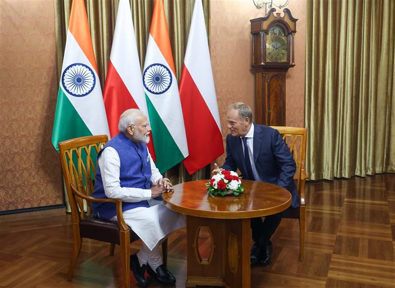 PM meets the Prime Minister of Poland, Mr. Donald Tusk at Warsaw, in Poland on August 22, 2024.