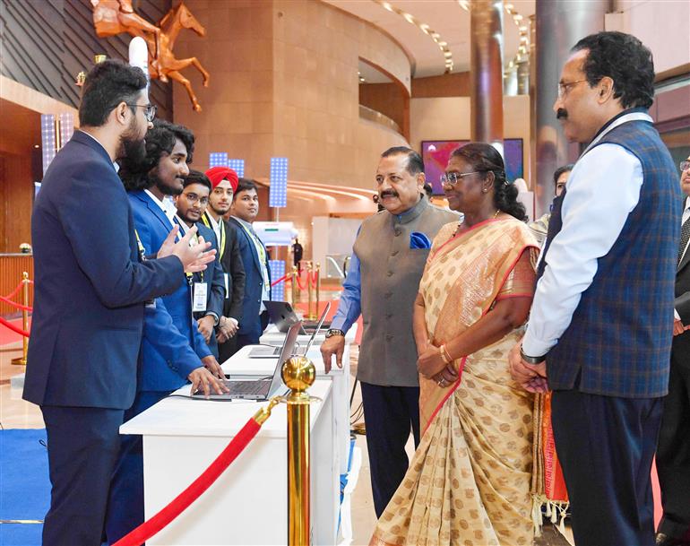  The President of India, Smt. Droupadi Murmu took a walkthrough of exhibition showcased on the India’s First National Space Day - 2024 celebrations at Bharat Mandapam, in New Delhi on August 23, 2024. 