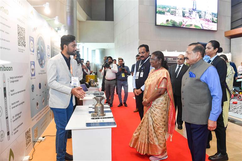  The President of India, Smt. Droupadi Murmu took a walkthrough of exhibition showcased on the India’s First National Space Day - 2024 celebrations at Bharat Mandapam, in New Delhi on August 23, 2024. 