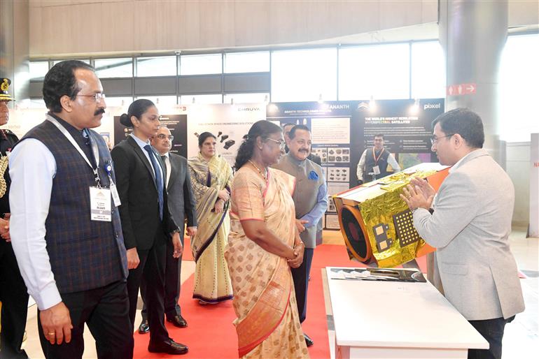  The President of India, Smt. Droupadi Murmu took a walkthrough of exhibition showcased on the India’s First National Space Day - 2024 celebrations at Bharat Mandapam, in New Delhi on August 23, 2024. 