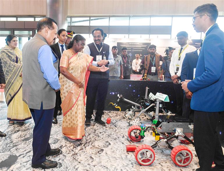  The President of India, Smt. Droupadi Murmu took a walkthrough of exhibition showcased on the India’s First National Space Day - 2024 celebrations at Bharat Mandapam, in New Delhi on August 23, 2024. 