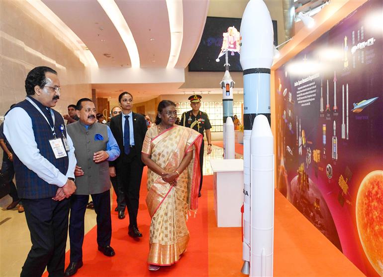  The President of India, Smt. Droupadi Murmu took a walkthrough of exhibition showcased on the India’s First National Space Day - 2024 celebrations at Bharat Mandapam, in New Delhi on August 23, 2024. 