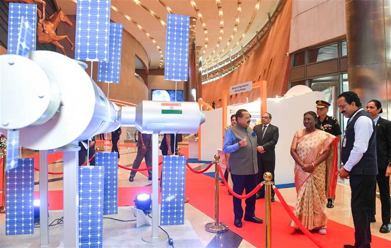  The President of India, Smt. Droupadi Murmu took a walkthrough of exhibition showcased on the India’s First National Space Day - 2024 celebrations at Bharat Mandapam, in New Delhi on August 23, 2024. 