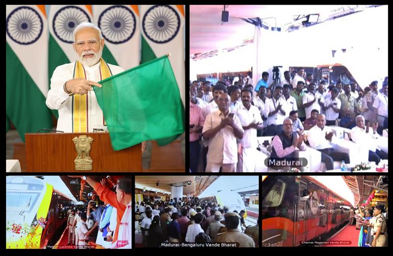 प्रधानमंत्री श्री नरेन्द्र मोदी 31 अगस्त 2024 को वीडियो कॉन्फ्रेंसिंग के जरिए तीन वंदे भारत ट्रेनों को हरी झंडी दिखाते हुए।