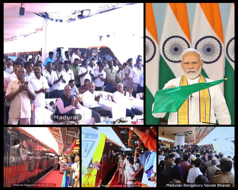 प्रधानमंत्री श्री नरेन्द्र मोदी 31 अगस्त 2024 को वीडियो कॉन्फ्रेंसिंग के जरिए तीन वंदे भारत ट्रेनों को हरी झंडी दिखाते हुए।
