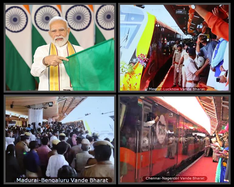 प्रधानमंत्री श्री नरेन्द्र मोदी 31 अगस्त 2024 को वीडियो कॉन्फ्रेंसिंग के जरिए तीन वंदे भारत ट्रेनों को हरी झंडी दिखाते हुए।