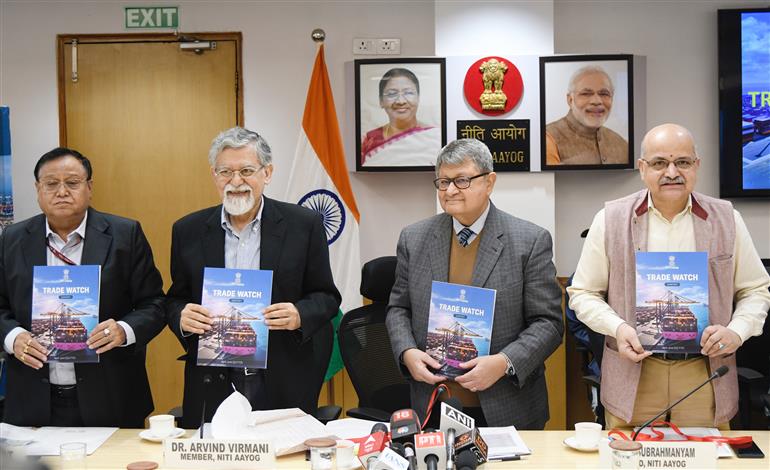 The Vice Chairman, NITI Aayog, Shri Suman Bery and the Chief Executive Officer (CEO), NITI Aayog, Shri BVR Subrahmanyam launch the “Trade Watch Quarterly”, in New Delhi on December 04, 2024.