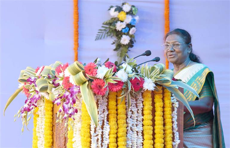 The President of India, Smt. Droupadi Murmu addressing the teachers and students of Government Upper Primary School in Uparbeda, Odisha on December 06, 2024.