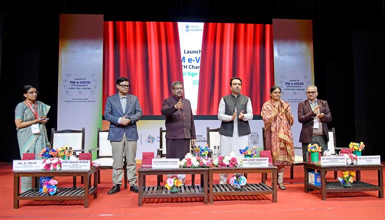 The Union Minister for Education, Shri Dharmendra Pradhan launches the PM e-VIDYA DTH CHANNEL 31 for Indian Sign Language (ISL) at Rang Bhawan, in New Delhi on December 06, 2024. The Minister of State (Independent Charge) for Skill Development and Entrepreneurship & Education, Shri Jayant Chaudhary is also seen.