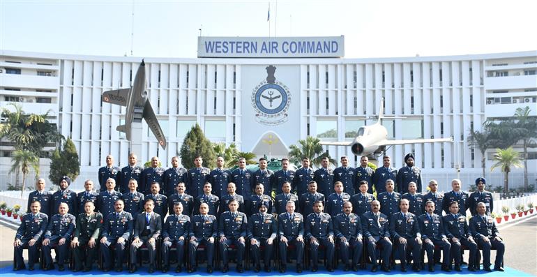 The Chief of Air Staff Air Chief Marshal Amar Preet Singh PVSM AVSM in a group photograph along with the Commanders in the Commanders Conference of the Western Air Command of the Indian Air Force, in New Delhi on December 07, 2024.