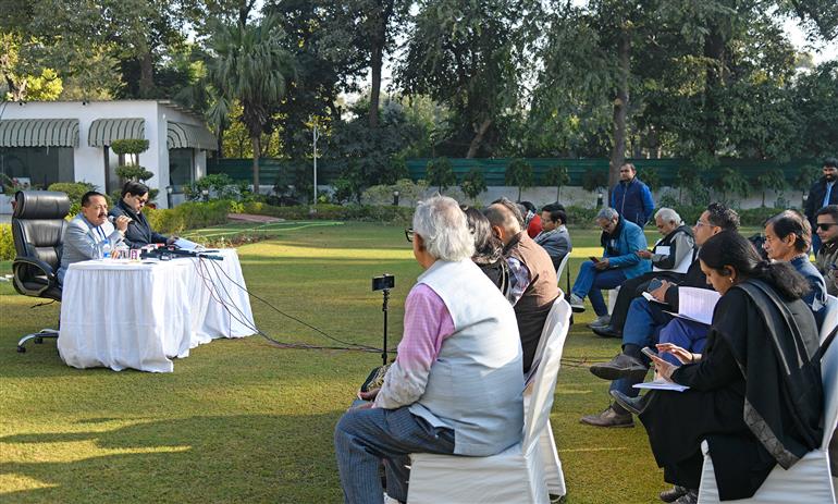 The Minister of State for Science & Technology (Independent Charge), Earth Sciences (Independent Charge), Prime Minister’s Office, Personnel, Public Grievances & Pensions, Atomic Energy and Space, Dr. Jitendra Singh addressing a Press Conference on the topic of ‘Achievements of all Science Ministries’, in New Delhi on December 11, 2024.
