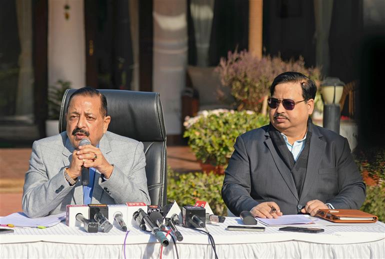 The Minister of State for Science & Technology (Independent Charge), Earth Sciences (Independent Charge), Prime Minister’s Office, Personnel, Public Grievances & Pensions, Atomic Energy and Space, Dr. Jitendra Singh addressing a Press Conference on the topic of ‘Achievements of all Science Ministries’, in New Delhi on December 11, 2024.