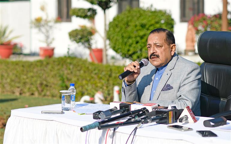 The Minister of State for Science & Technology (Independent Charge), Earth Sciences (Independent Charge), Prime Minister’s Office, Personnel, Public Grievances & Pensions, Atomic Energy and Space, Dr. Jitendra Singh addressing a Press Conference on the topic of ‘Achievements of all Science Ministries’, in New Delhi on December 11, 2024.