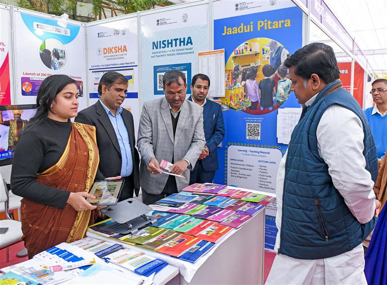 The Union Minister of State for Education & Development of North Eastern Region (DoNER), Dr. Sukanta Majumdar visits an exhibition during the Bharatiya Bhasha Utsav celebrations, in New Delhi on December 11, 2024.