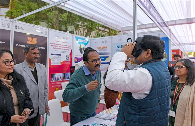 The Union Minister of State for Education & Development of North Eastern Region (DoNER), Dr. Sukanta Majumdar visits an exhibition during the Bharatiya Bhasha Utsav celebrations, in New Delhi on December 11, 2024.