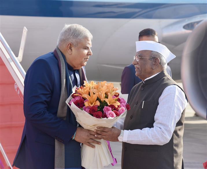 The Vice President, Shri Jagdeep Dhankhar and Dr. Sudesh Dhankhar being welcomed by Shri Haribhau Kisanrao Bagde, Governor of Rajasthan, Shri Suresh Singh Rawat, Minister, Government of Rajasthan along with other dignitaries on their arrival in Jaipur, Rajasthan on December 11, 2024.