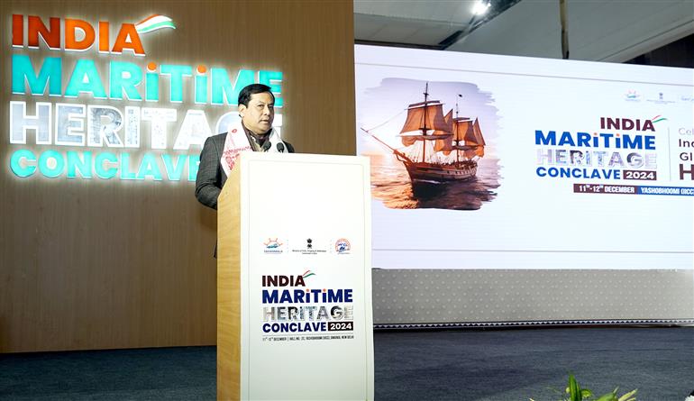 The Union Minister for Ports, Shipping and Waterways, Shri Sarbananda Sonowal addressing at the Indian Maritime Heritage Conclave 2024 at IICC Yashobhoomi in Dwarka, Delhi on December 12, 2024.
