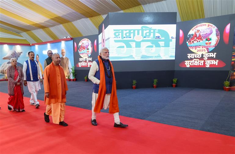PM undertakes walkthrough of Mahakumbh exhibition site at Prayagraj, in Uttar Pradesh on December 13, 2024.
