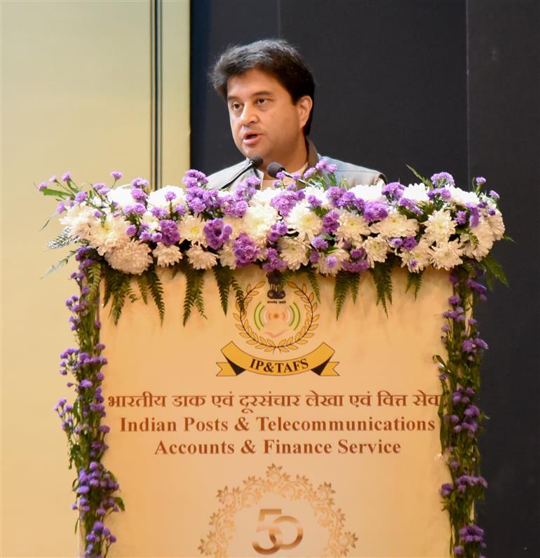 The Union Minister of Communications and Development of North Eastern Region (DoNER), Shri Jyotiraditya M. Scindia addressing at the 50th Foundation Day Programme of Indian Posts & Telecommunications Accounts and Finance Service, in New Delhi on December 14, 2024.