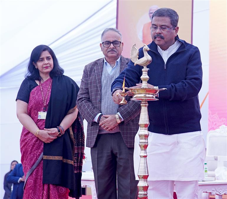 The Union Minister for Education, Shri Dharmendra Pradhan lighting the lamp at the launch of various initiatives of NCERT, in New Delhi on December 16, 2024.
