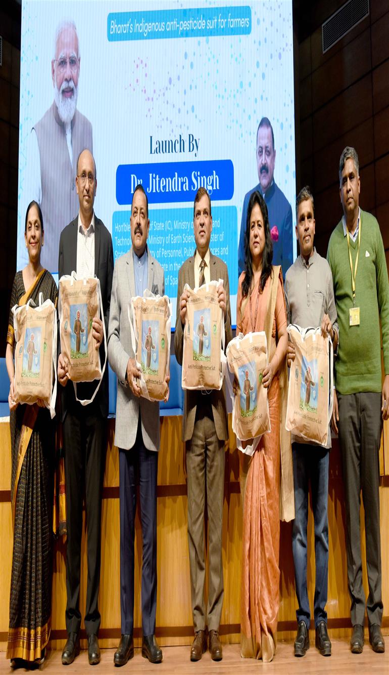 The Minister of State for Science & Technology (Independent Charge), Earth Sciences (Independent Charge), Prime Minister’s Office, Personnel, Public Grievances & Pensions, Atomic Energy and Space, Dr. Jitendra Singh attends the launch event of “Kisan Kavach” - is a protective anti-pesticide fabric or bodysuit for farmers that deactivates pesticides upon contact at National Media Centre, in New Delhi on December 17, 2024.