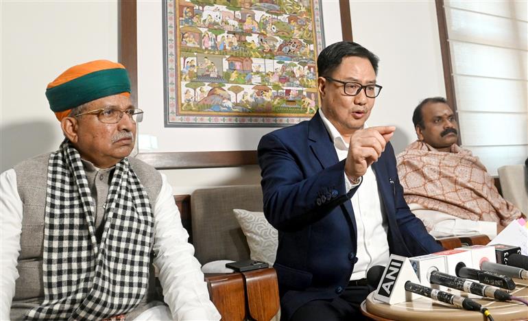 The Union Minister of Parliamentary Affairs and Minority Affairs, Shri Kiren Rijiju addressing a press conference at his office in Parliament House, in New Delhi on December 18, 2024.