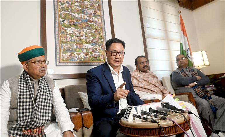 The Union Minister of Parliamentary Affairs and Minority Affairs, Shri Kiren Rijiju addressing a press conference at his office in Parliament House, in New Delhi on December 18, 2024.
