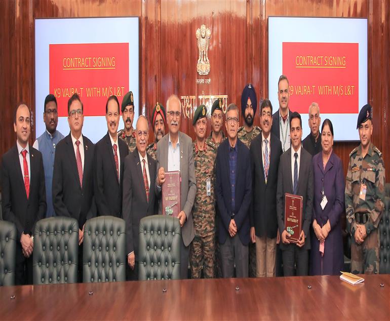 The Ministry of Defence has signed a contract with Larsen & Toubro Limited for procurement of 155 mm/52 calibre K9 VAJRA-T Self-Propelled Tracked Artillery Guns for the Indian Army under Buy (Indian) category at South Block, in New Delhi on December 20, 2024.