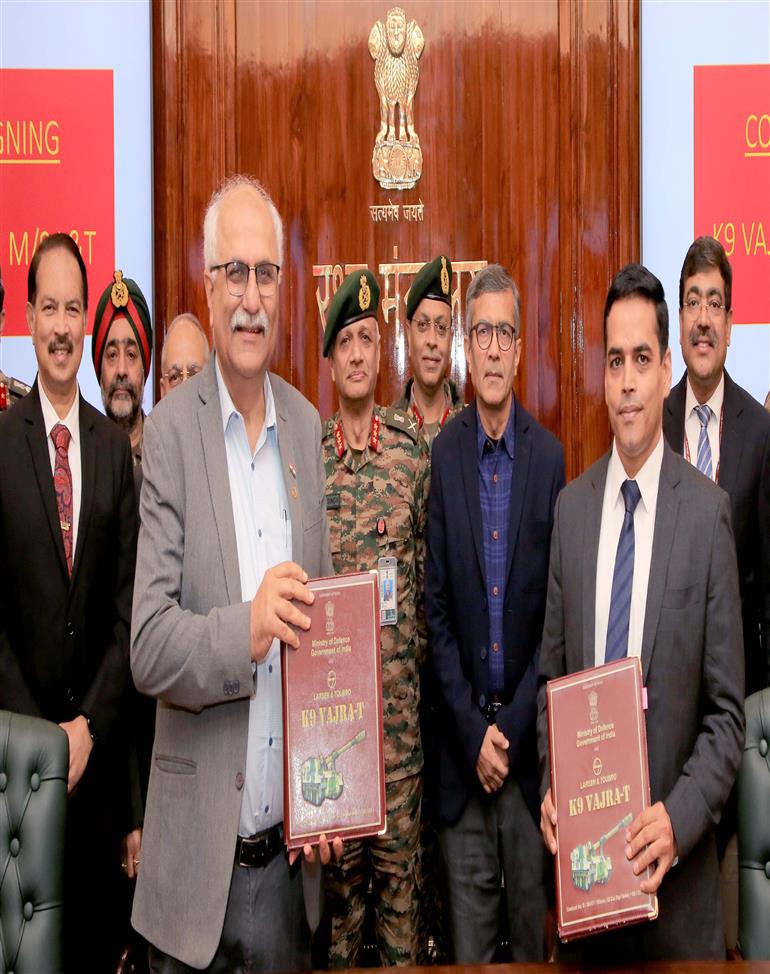 The Ministry of Defence has signed a contract with Larsen & Toubro Limited for procurement of 155 mm/52 calibre K9 VAJRA-T Self-Propelled Tracked Artillery Guns for the Indian Army under Buy (Indian) category at South Block, in New Delhi on December 20, 2024.
