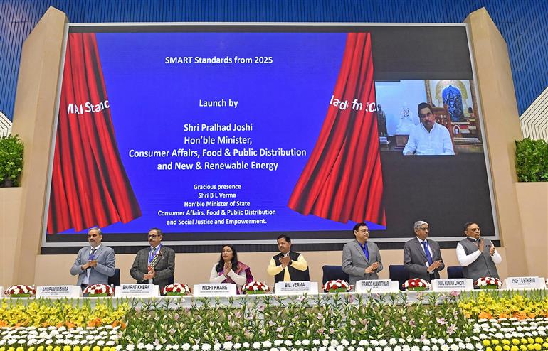 The Union Minister for Consumer Affairs, Food and Public Distribution, Shri Pralhad Joshi launches the various initiatives via video conferencing at National Consumer Day Celebrations, in New Delhi on December 24, 2024. The Minister of State for Consumer Affairs, Food and Public Distribution and Social Justice and Empowerment, Shri B. L. Verma is also seen.
