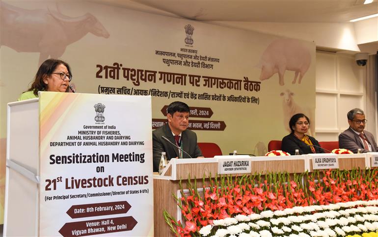 The Secretary, Department of Animal Husbandry and Dairying, Smt. Alka Upadhyaya addressing the Sensitization Meeting on the 21st Livestock Census at Vigyan Bhavan, in New Delhi on February 08, 2024.