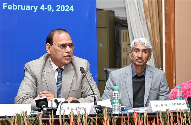 The Director, Indian Agricultural Research Institute (IARI), Dr Ashok Kumar Singh addressing a Press Conference on ICAR-IARI’s 62nd Convocation, in New Delhi on February 08, 2024.