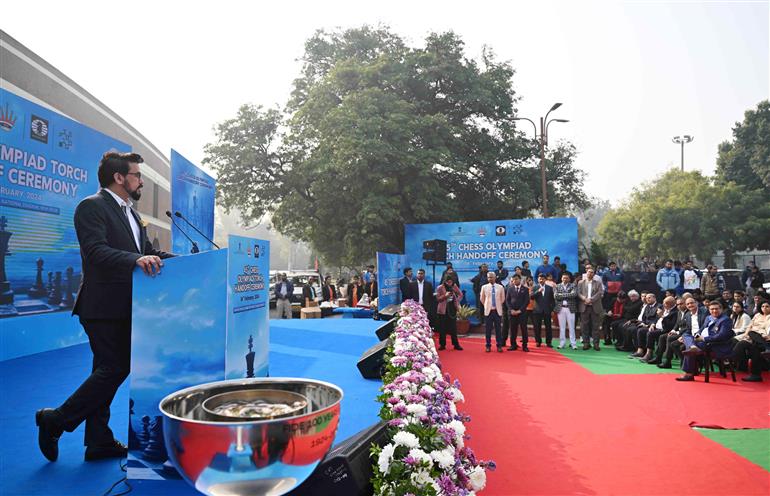 The Union Minister for Information & Broadcasting, Youth Affairs and Sports, Shri Anurag Singh Thakur addressing at 45th Chess Olympiad Torch Handoff Ceremony, in New Delhi on February 14, 2024.