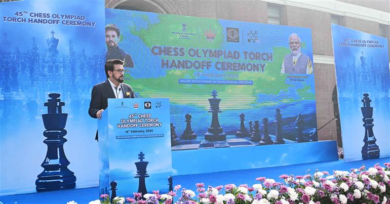 The Union Minister for Information & Broadcasting, Youth Affairs and Sports, Shri Anurag Singh Thakur addressing at 45th Chess Olympiad Torch Handoff Ceremony, in New Delhi on February 14, 2024.