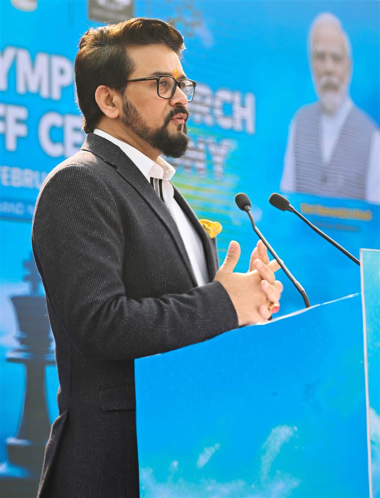 The Union Minister for Information & Broadcasting, Youth Affairs and Sports, Shri Anurag Singh Thakur addressing at 45th Chess Olympiad Torch Handoff Ceremony, in New Delhi on February 14, 2024.