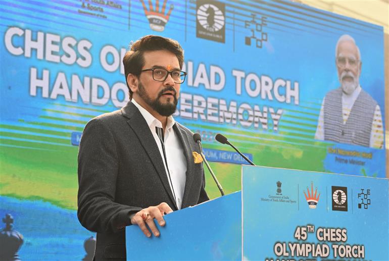 The Union Minister for Information & Broadcasting, Youth Affairs and Sports, Shri Anurag Singh Thakur addressing at 45th Chess Olympiad Torch Handoff Ceremony, in New Delhi on February 14, 2024.