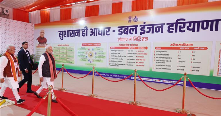 प्रधानमंत्री श्री नरेन्द्र मोदी 16 फरवरी, 2024 को हरियाणा के रेवाड़ी में कई विकास परियोजनाओं का उद्घाटन और शिलान्यास करने अवसर पर एक प्रदर्शनी का अवलोकन करते हुए।