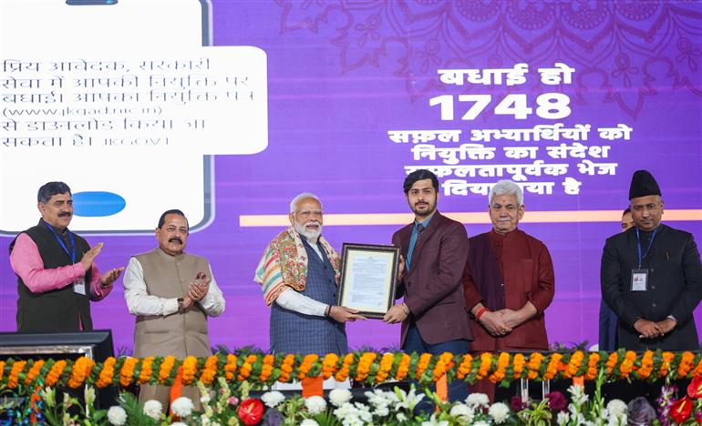 PM at the laying foundation stone of multiple development projects, in Jammu on February 20, 2024.