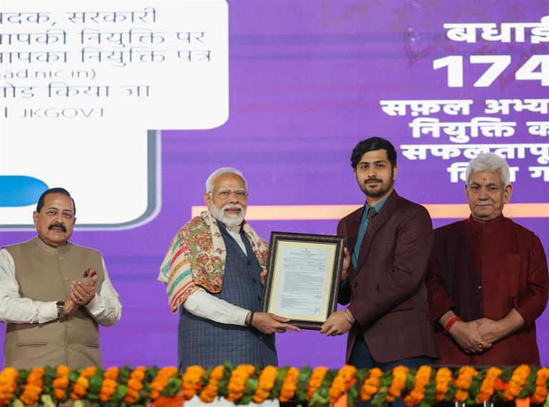 PM at the laying foundation stone of multiple development projects, in Jammu on February 20, 2024.