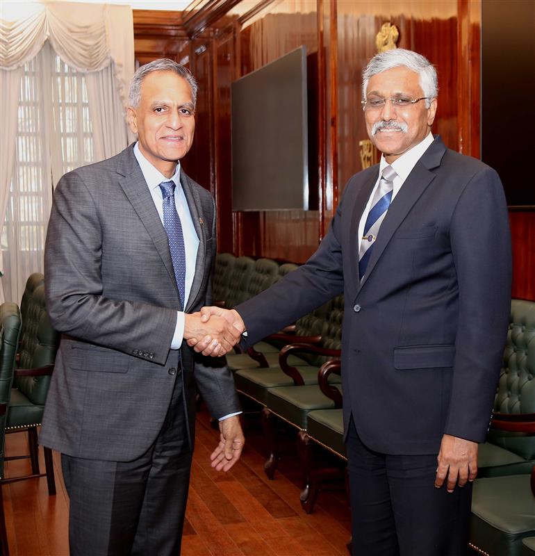 US Dy Secretary of State for Managements and Resources Amb. Richard Verma calls on the Defence Secretary, Shri Giridhar Aramane, in New Delhi on February 21, 2024.