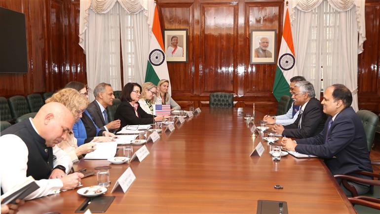 US Dy Secretary of State for Managements and Resources Amb. Richard Verma calls on the Defence Secretary, Shri Giridhar Aramane, in New Delhi on February 21, 2024.