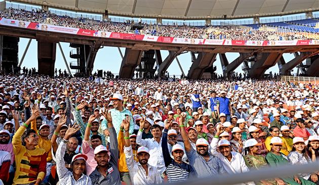 Gathering at the Golden Jubilee celebration of Gujarat Cooperative Milk Marketing Federation (GCMMF) at Ahmedabad, in Gujarat on February 22, 2024. PM addressing on the occasion.