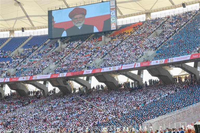 Gathering at the Golden Jubilee celebration of Gujarat Cooperative Milk Marketing Federation (GCMMF) at Ahmedabad, in Gujarat on February 22, 2024. PM addressing on the occasion.