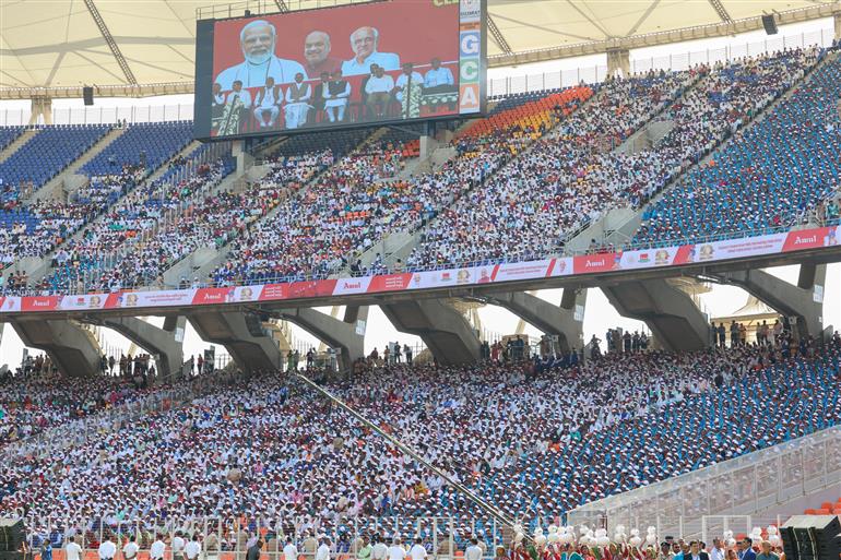 Gathering at the Golden Jubilee celebration of Gujarat Cooperative Milk Marketing Federation (GCMMF) at Ahmedabad, in Gujarat on February 22, 2024. PM addressing on the occasion.