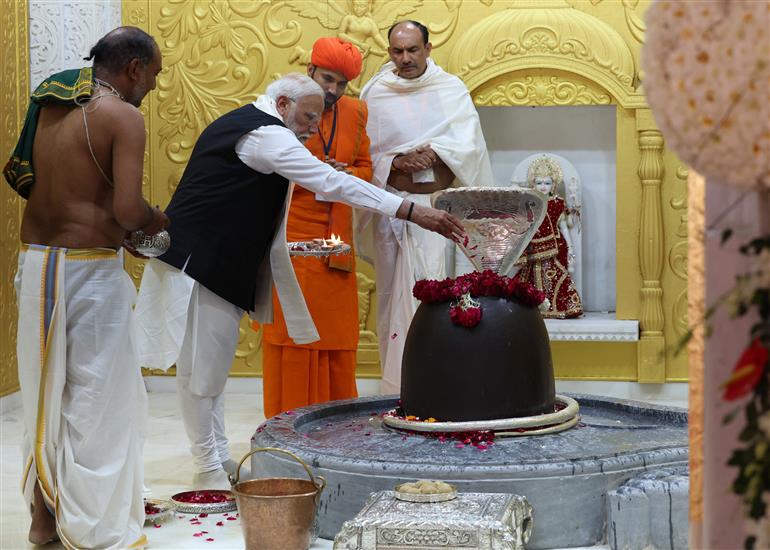 PM performs Pooja & Darshan at Valinath Mahadev Mandir at Tarabh, in Gujarat on February 22, 2024.