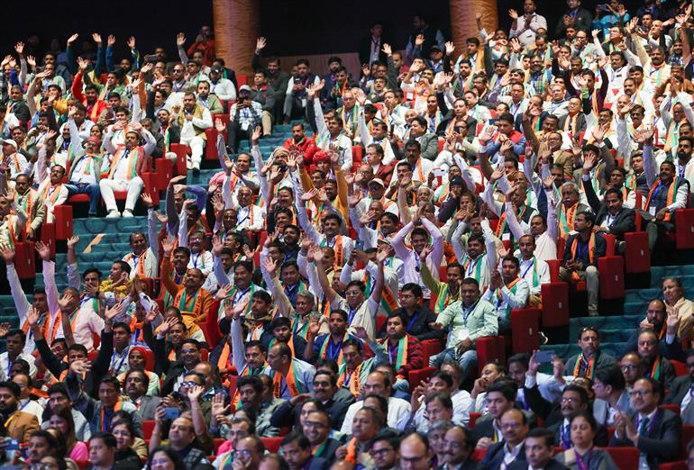 Gathering at the inauguration and laying the foundation stone of multiple key initiatives for Cooperative sector at Bharat Mandapam, in New Delhi on February 24, 2024. PM addressing on the occasion.