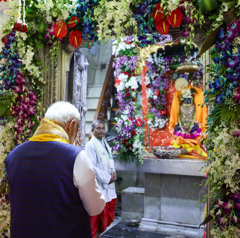 PM performs pooja and darshan at Beyt Dwarka temple, in Gujarat on February 25, 2024.